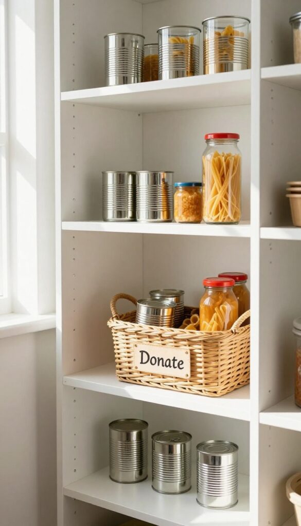 A clean, bright pantry with a small 'Donate' basket on a lower shelf containing a few unopened cans and jars.