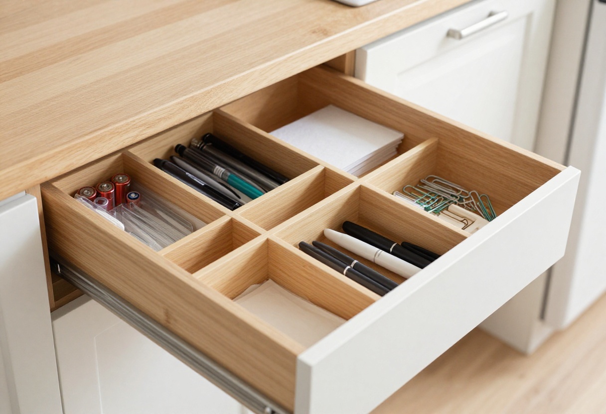 Organized kitchen junk drawer with dividers and neatly sorted small items
