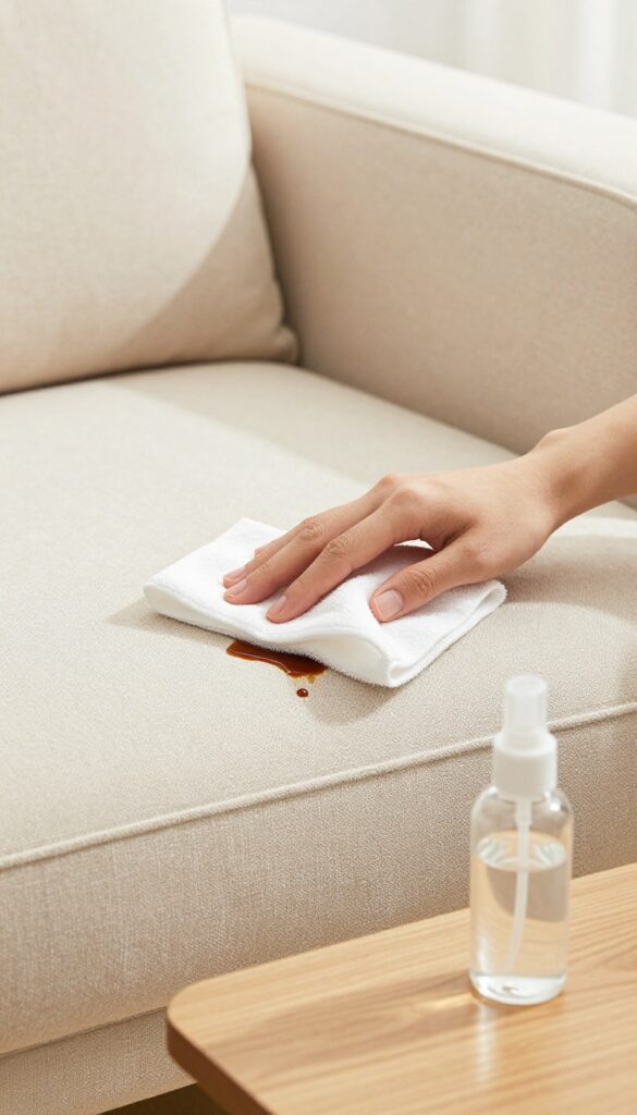 Cleaning a coffee stain on a microfiber couch with rubbing alcohol and a white cloth