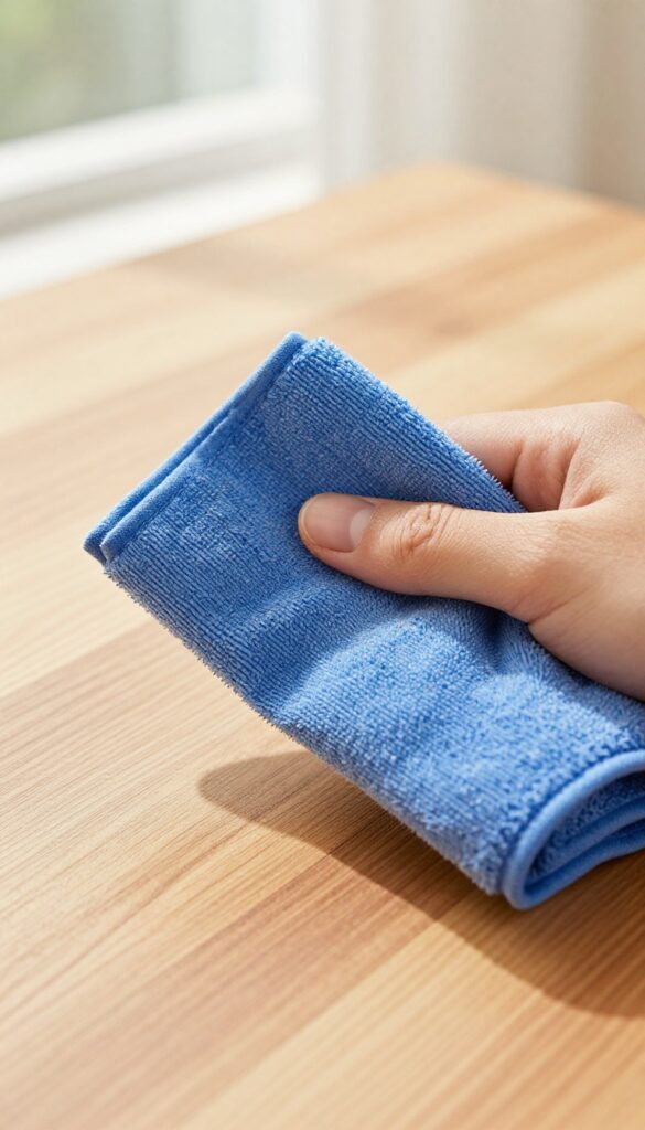 Hand using a damp microfiber cloth to dust a wooden table, capturing dust particles in bright natural light.