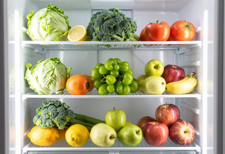 Clean refrigerator interior with fresh produce organized on shelves