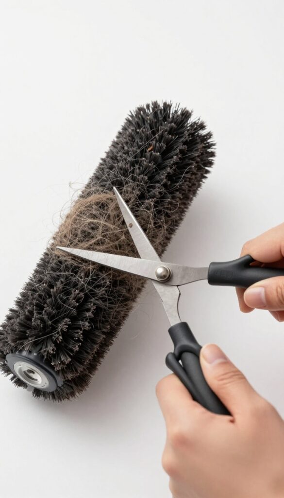 Cleaning tangled hair from a vacuum brush roll with scissors.
