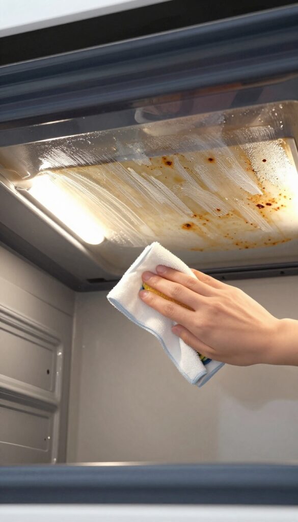 Person wiping greasy oven ceiling with a sponge mop