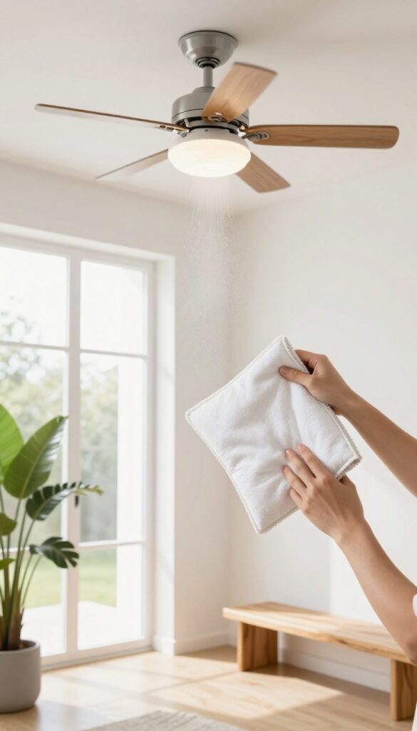 Cleaning ceiling fan blades with pillowcase method in bright hallway