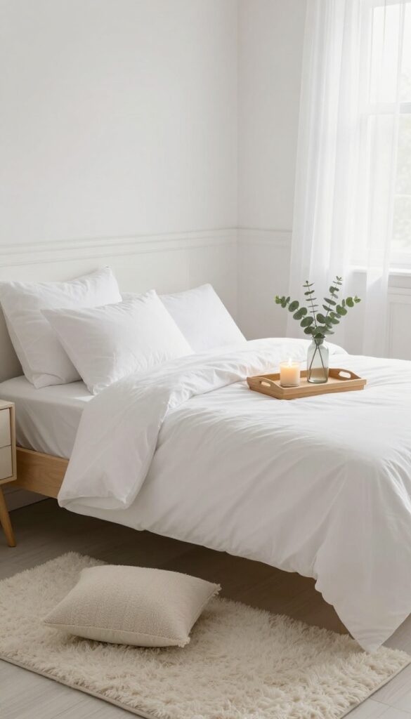 A clean, organized bedroom with sunlight, a made bed, a candle, and eucalyptus, representing a one-room focus day.