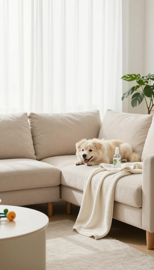 Eco-friendly cleaning products on a sofa with pets and kids' items nearby