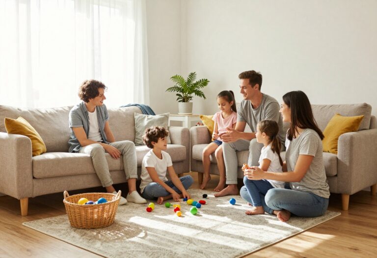 Family tidying up living room together in a bright, cozy home