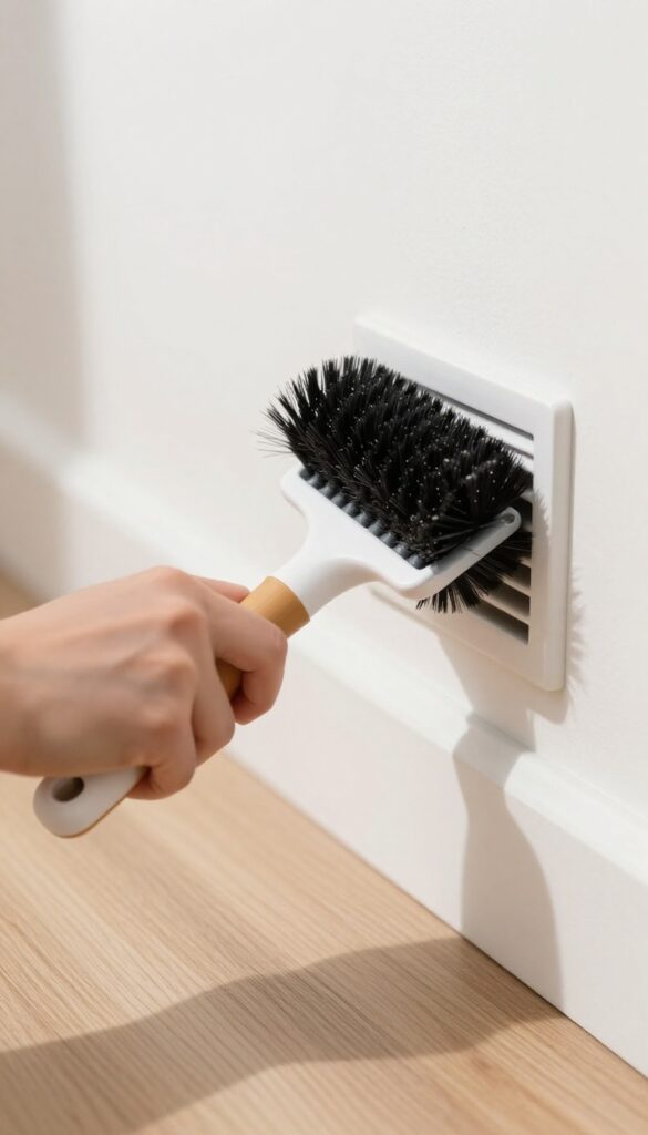 Using a dryer vent brush to clean a narrow floor register vent