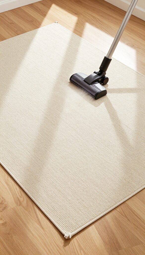 Person flipping a wool rug to vacuum the underside for deep cleaning