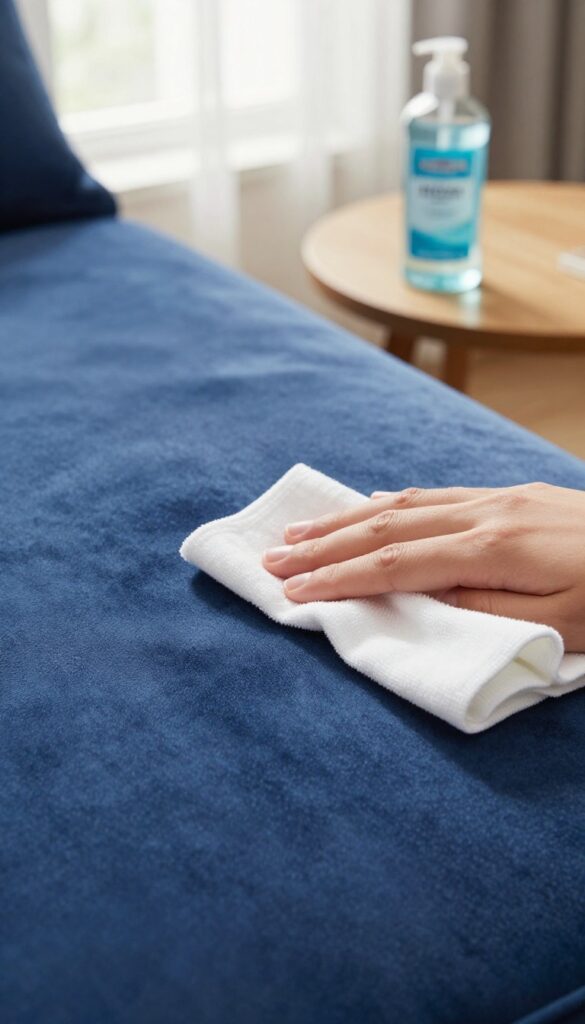 Hand blotting a stain on velvet upholstery with a white cloth, dry cleaning solvent bottle nearby.