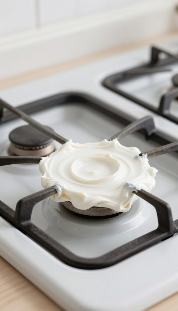 Close-up of a gas stove grate with cream of tartar paste applied to stubborn stains, in a bright kitchen.