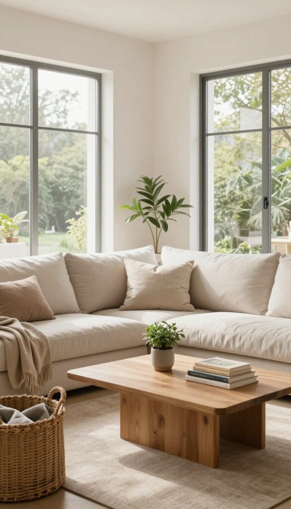 Clean and organized living room with natural light, sofa, and coffee table