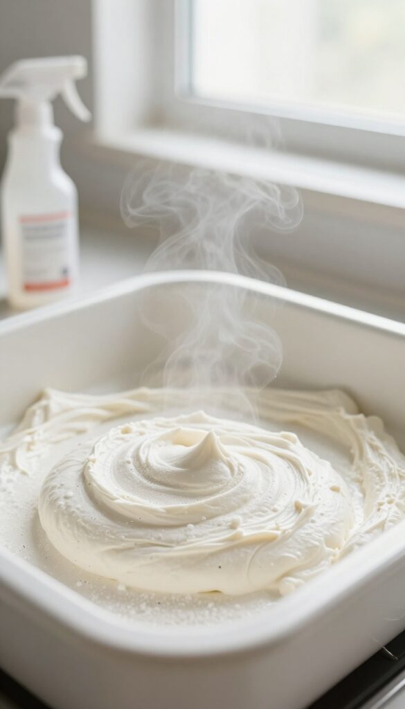Baking soda paste applied inside a dirty oven, with vinegar spray bottle nearby, ready for cleaning.
