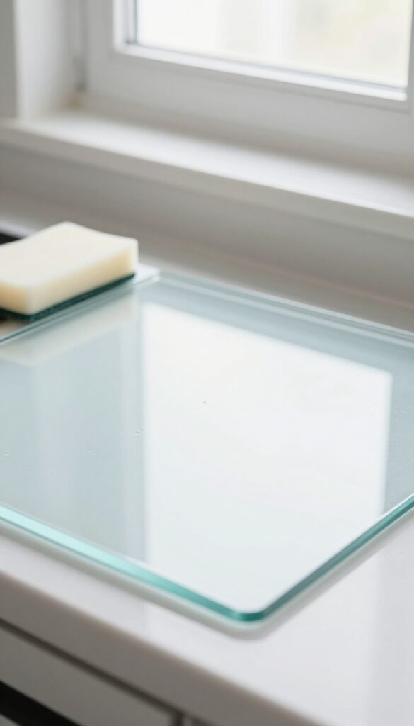 Cool glass stove top reflecting light, clean and spotless, with a sponge nearby