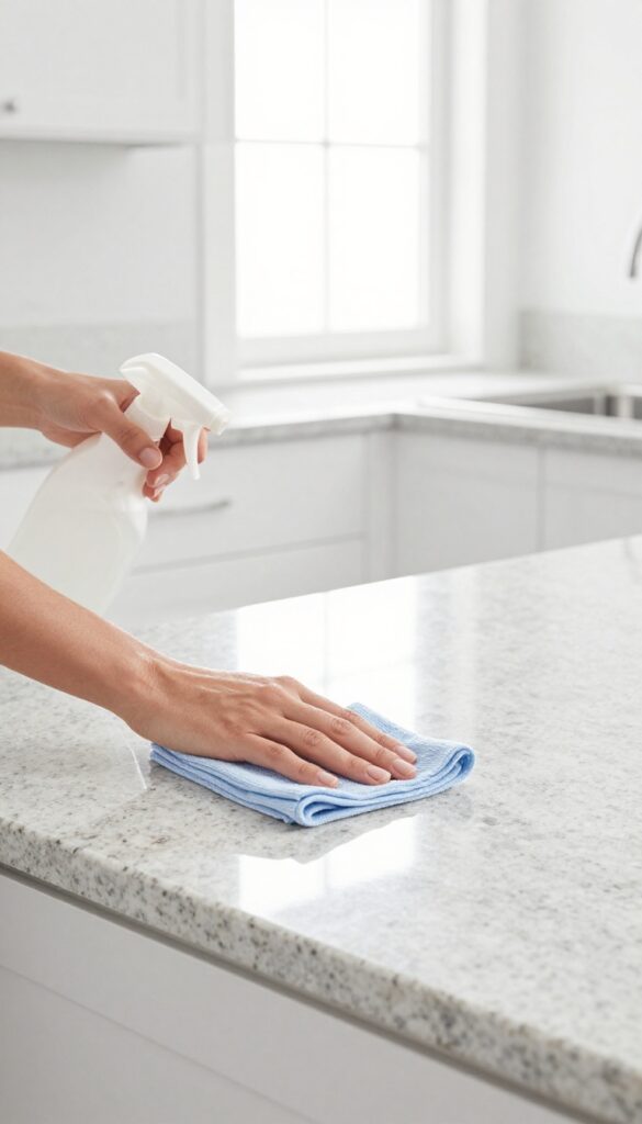 Final wipe-down of kitchen surfaces with microfiber cloth and disinfectant spray