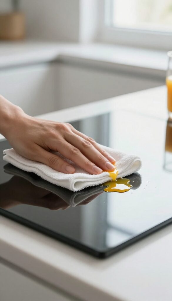 Cleaning a fresh spill on a glass stove top with a microfiber cloth.