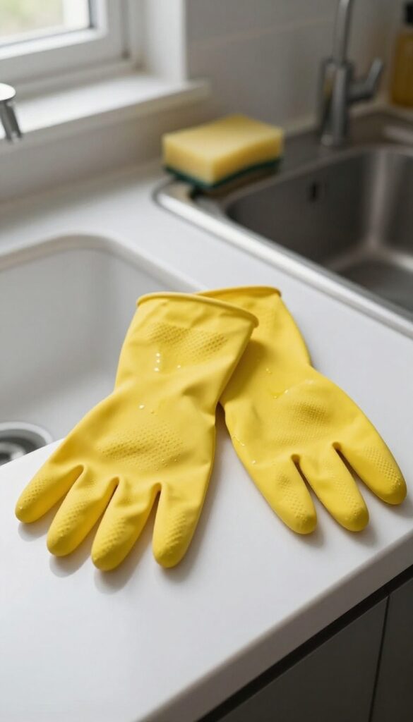 Yellow rubber gloves on a kitchen counter near a sink, symbolizing hand protection during cleaning.