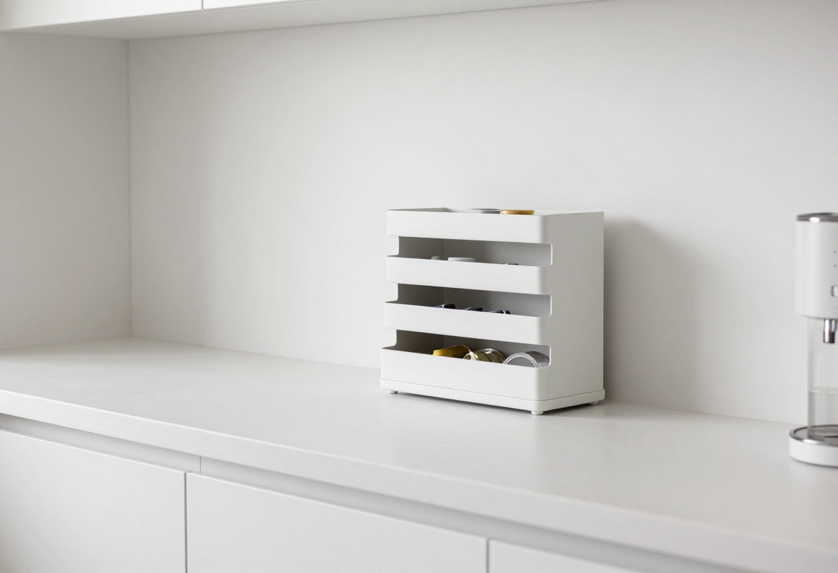 Organized kitchen countertop with tiered spice rack, knife strip, and coffee station in a bright, modern kitchen.