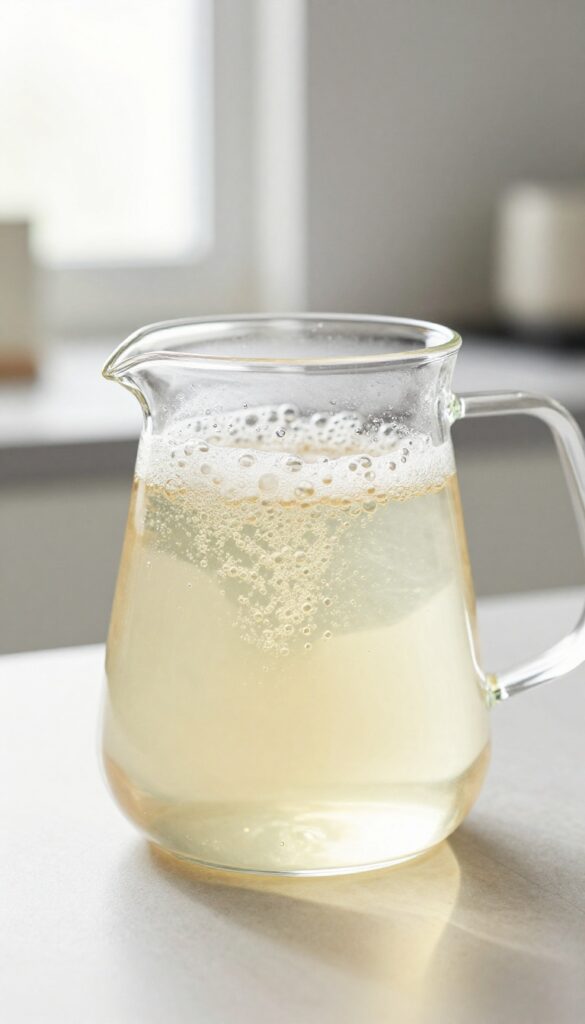 Glass carafe with vinegar solution on coffee maker warming plate, bubbles visible, natural light
