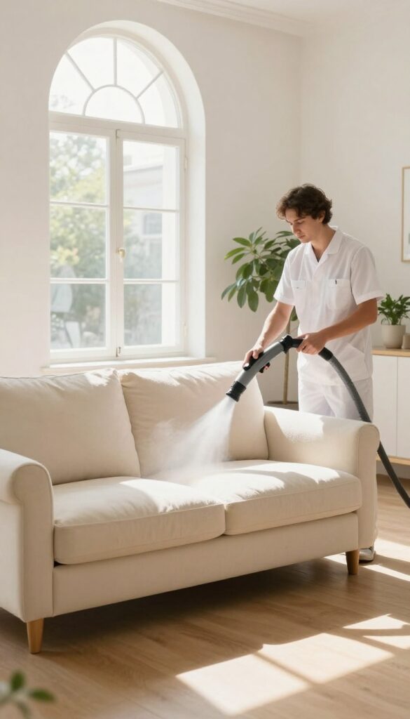 Professional upholstery cleaning service using steam extraction on a light-colored sofa in a bright living room.
