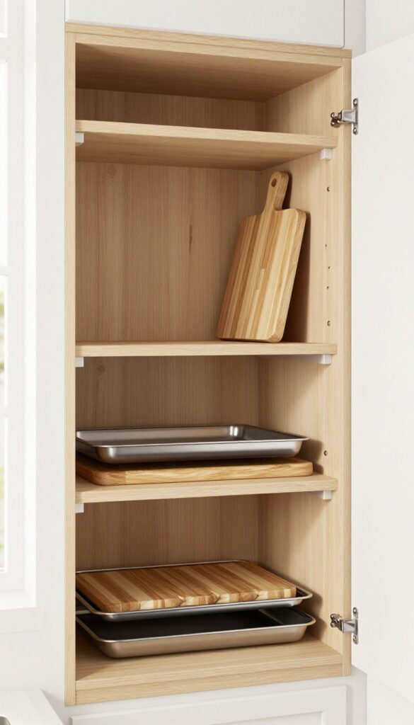 Vertical dividers on a pantry shelf holding baking sheets and cutting boards upright for easy access.