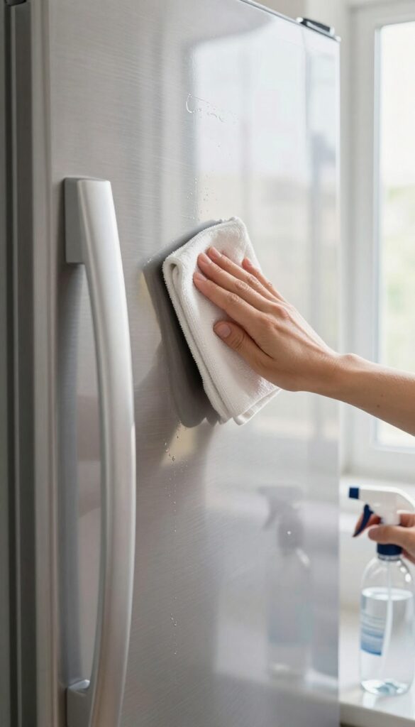 Hand wiping a stainless steel fridge with a microfiber cloth in bright natural light