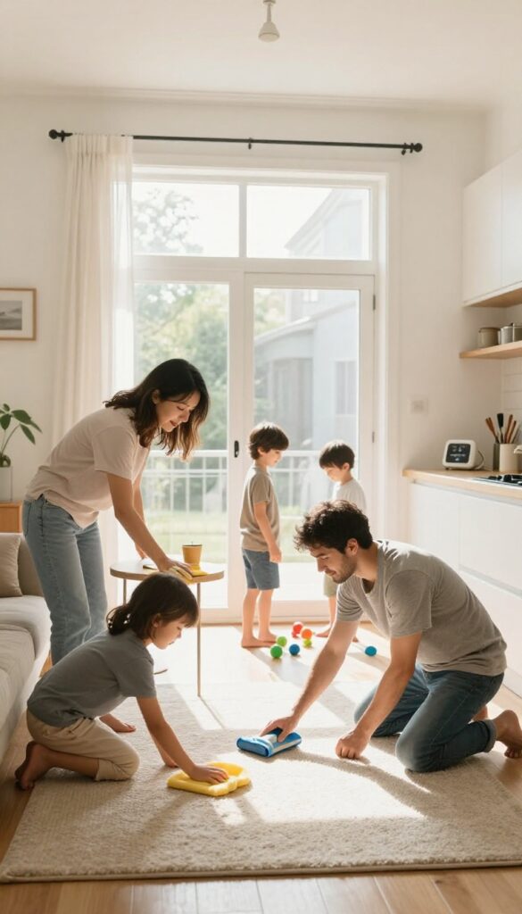 Family doing a one-hour cleaning blitz in a bright living room, with timer visible.
