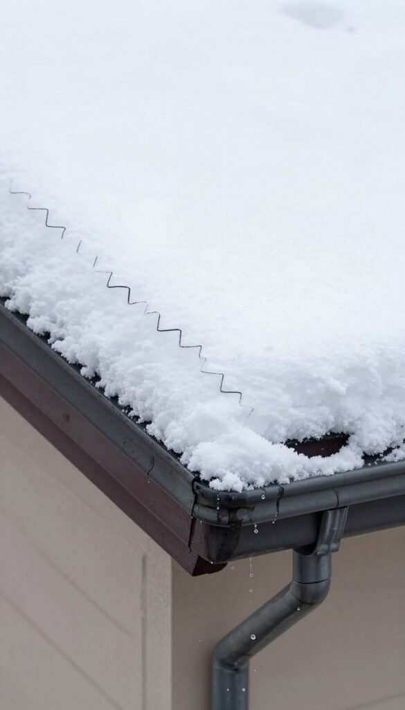 Heated cables on a snow-covered roof edge melting ice and snow into a gutter