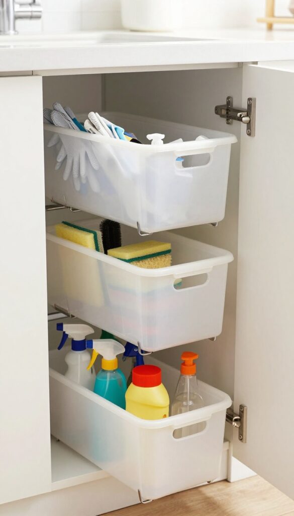 Stackable pull-out bins under a kitchen sink, with each bin partially pulled out to show organized cleaning supplies.