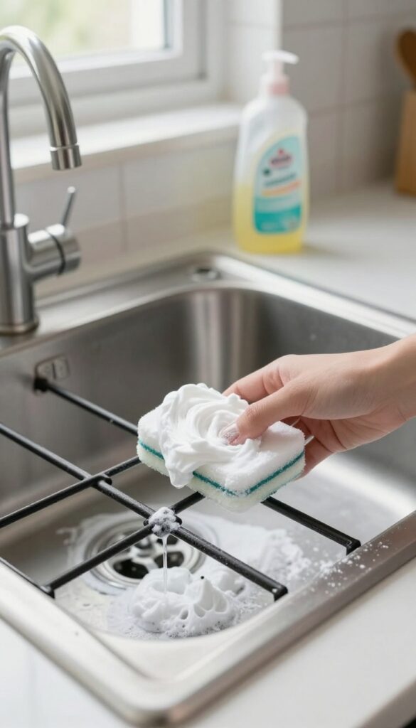 Baking soda paste applied to greasy stove grates in a kitchen sink for cleaning.