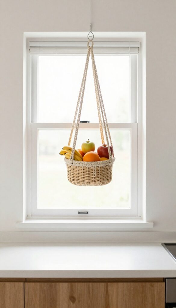 Hanging fruit basket in a bright kitchen with apples, bananas, and oranges