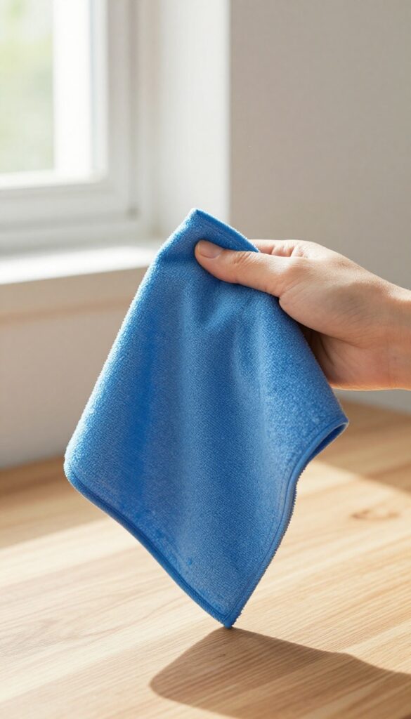 Hand dusting a wooden table with a blue microfiber cloth in natural light