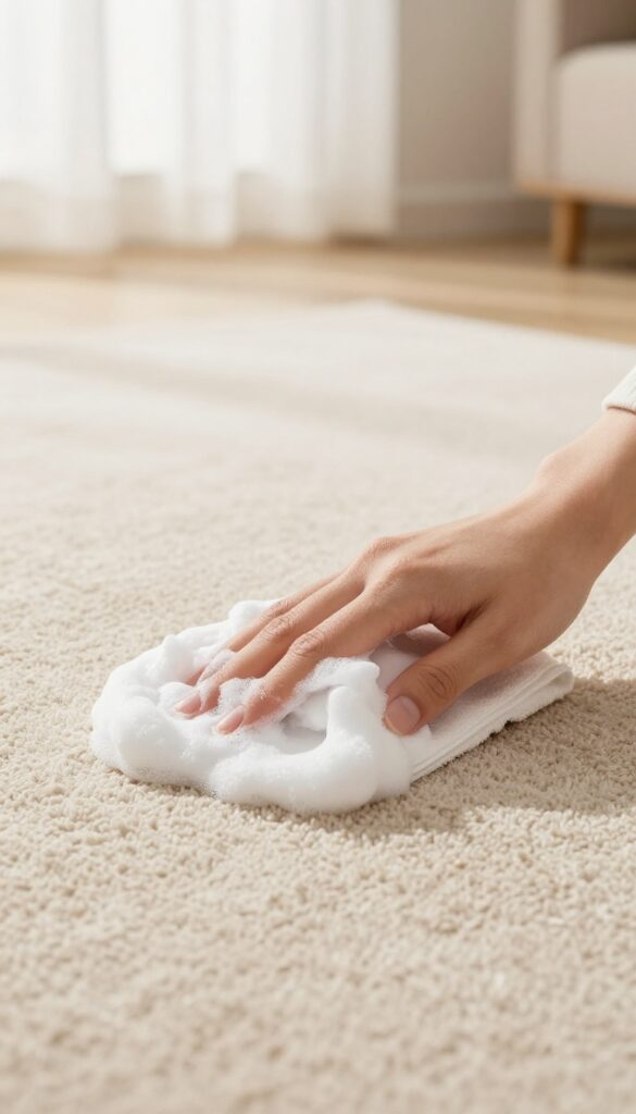 Hand applying shaving cream foam to a carpet stain with a microfiber cloth in bright natural light