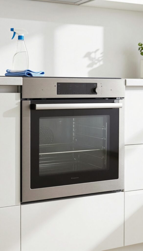 Cool oven with clean glass door, cleaning supplies nearby, bright natural light, photorealistic kitchen scene