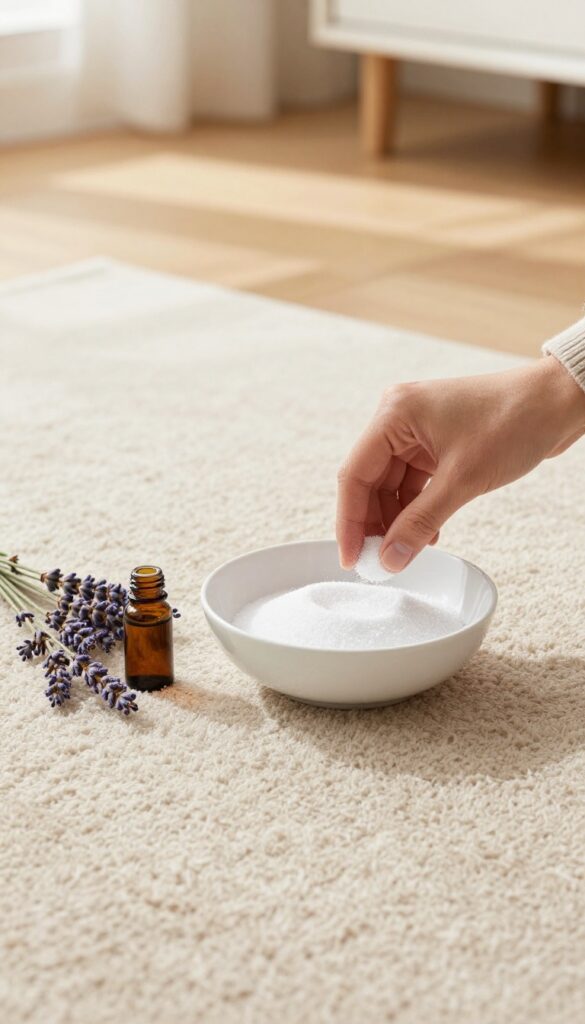 Hand sprinkling baking soda and essential oil mixture onto a beige carpet for a DIY deodorizer