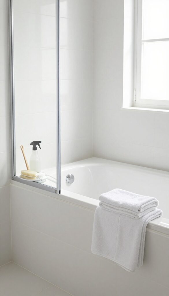 Bright bathroom with cleaning caddy and fresh towels, ready for a deep clean