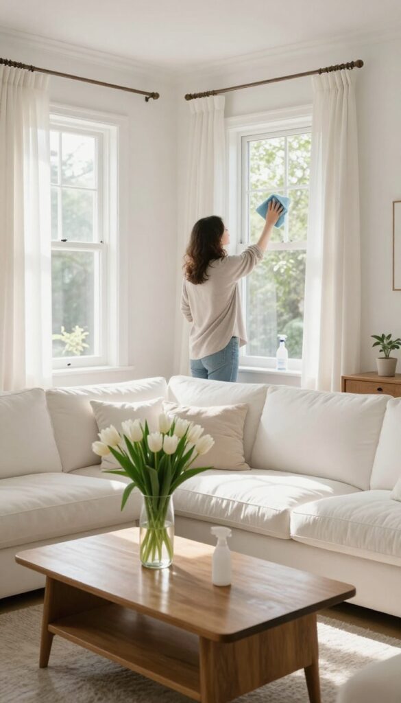 Seasonal deep clean checklist: spring cleaning in a bright living room with open windows and tulips.