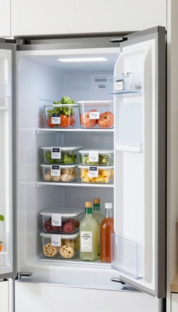 Organized Samsung Bespoke fridge with labeled glass containers and a dry-erase board, demonstrating a simple labeling and rotation system for fresh food storage.