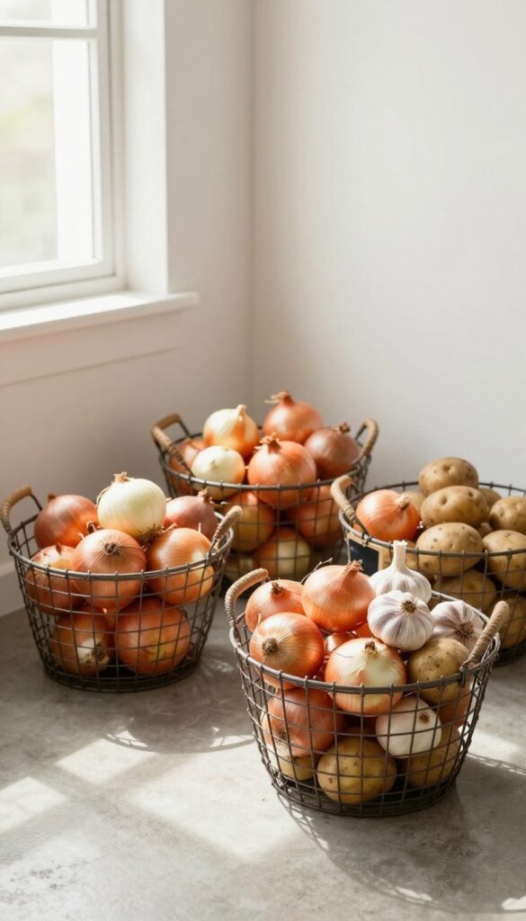 Wire baskets on pantry floor with onions, potatoes, and garlic for airflow and visibility.