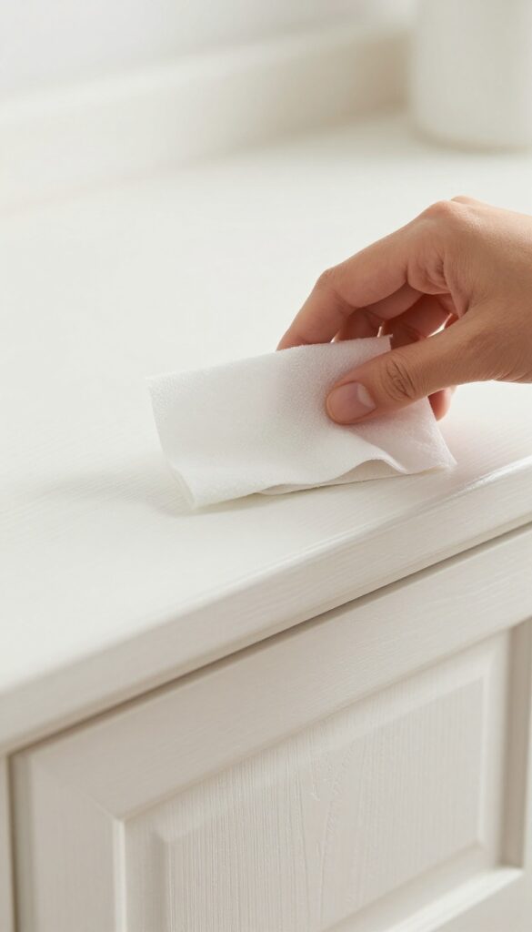 Hand using a dryer sheet to dust a baseboard in a bright room