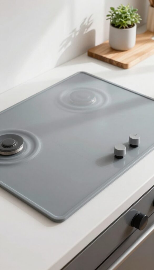 Silicone stove top cover on a clean glass cooktop in a bright kitchen