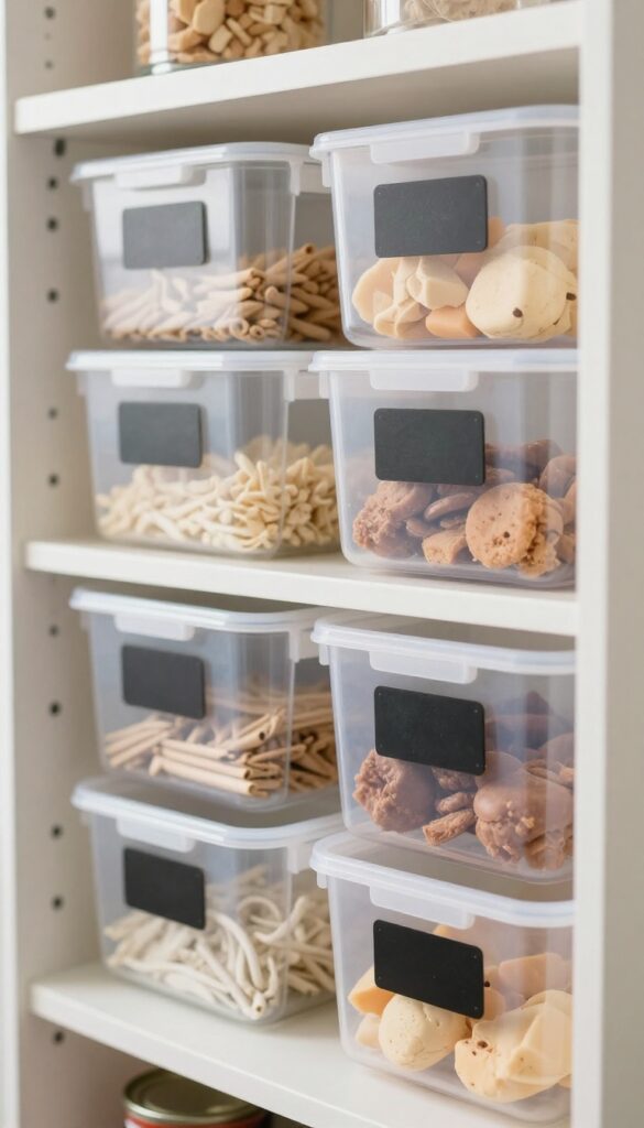 Clear plastic bins organizing pantry items on a shelf