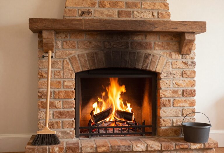 Clean brick fireplace with a fire burning and chimney cleaning tools nearby