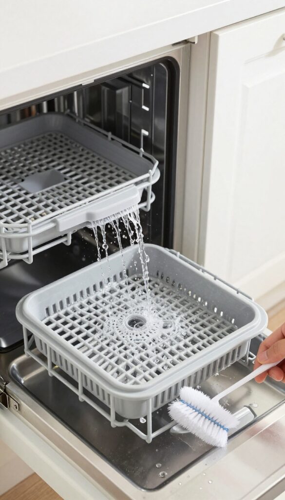 Cleaning a dishwasher filter under running water with a brush nearby