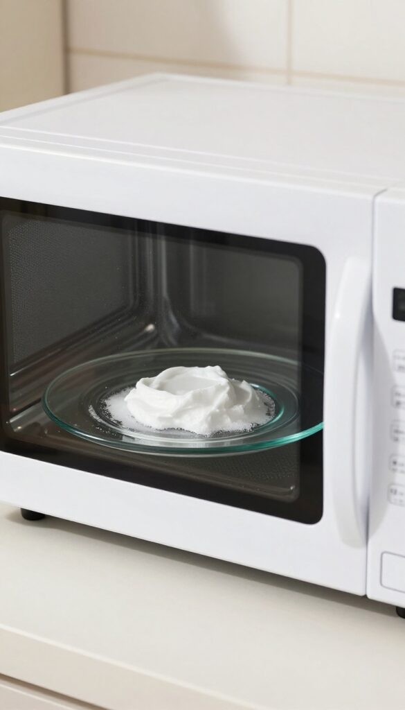 Baking soda paste in a dish with a cloth beside it inside a clean microwave
