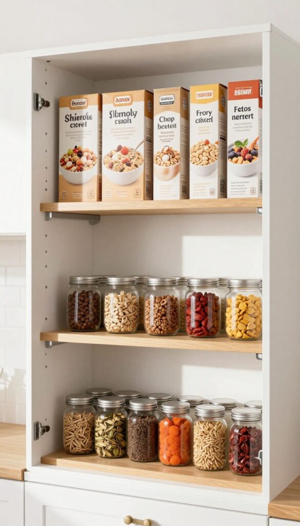 Adjustable shelving in a pantry cabinet with cereal boxes and spice jars