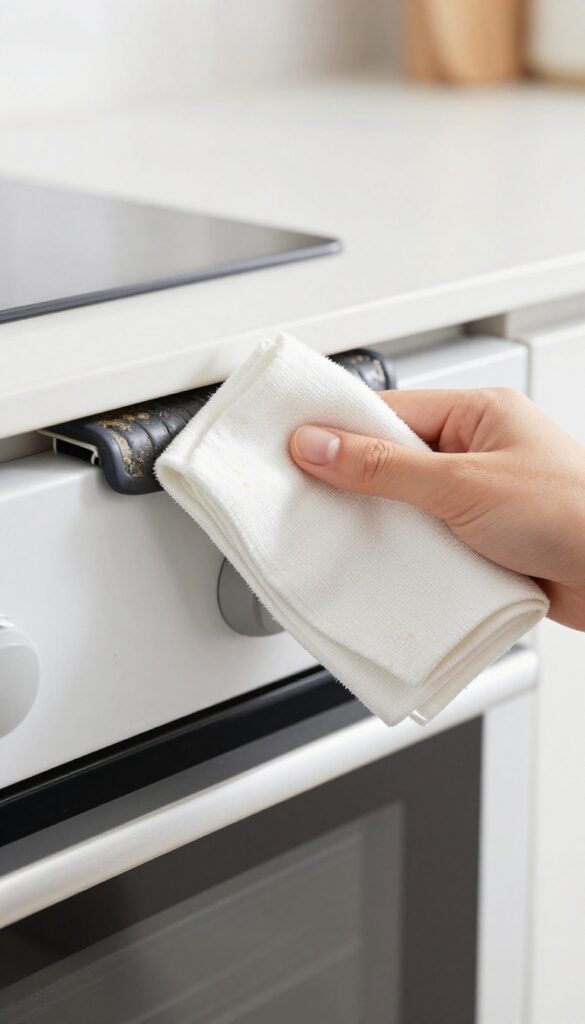 Cleaning the rubber gasket of an oven door with a damp cloth