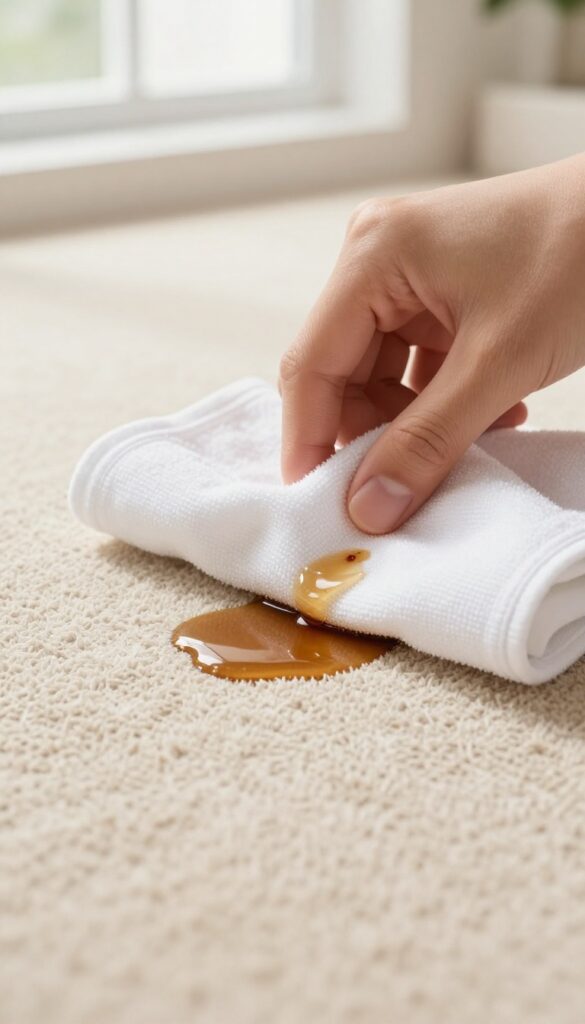 Person blotting a coffee spill on a carpet with a white cloth