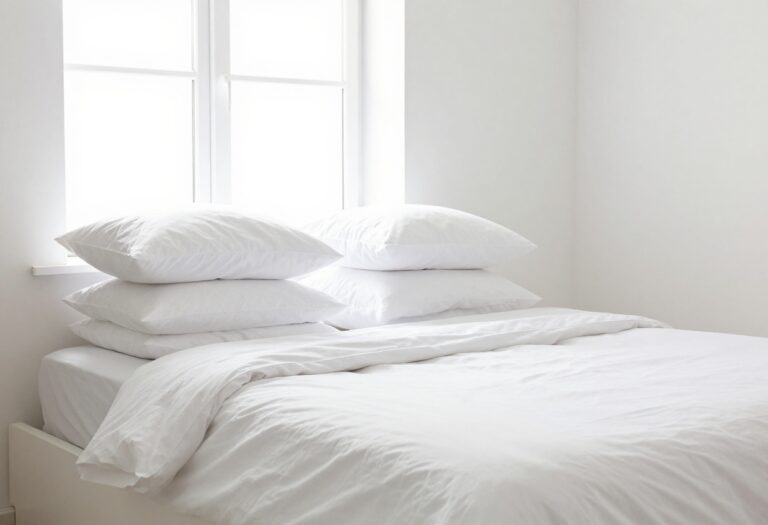 Fluffy white pillows on a clean bed in a sunlit bedroom