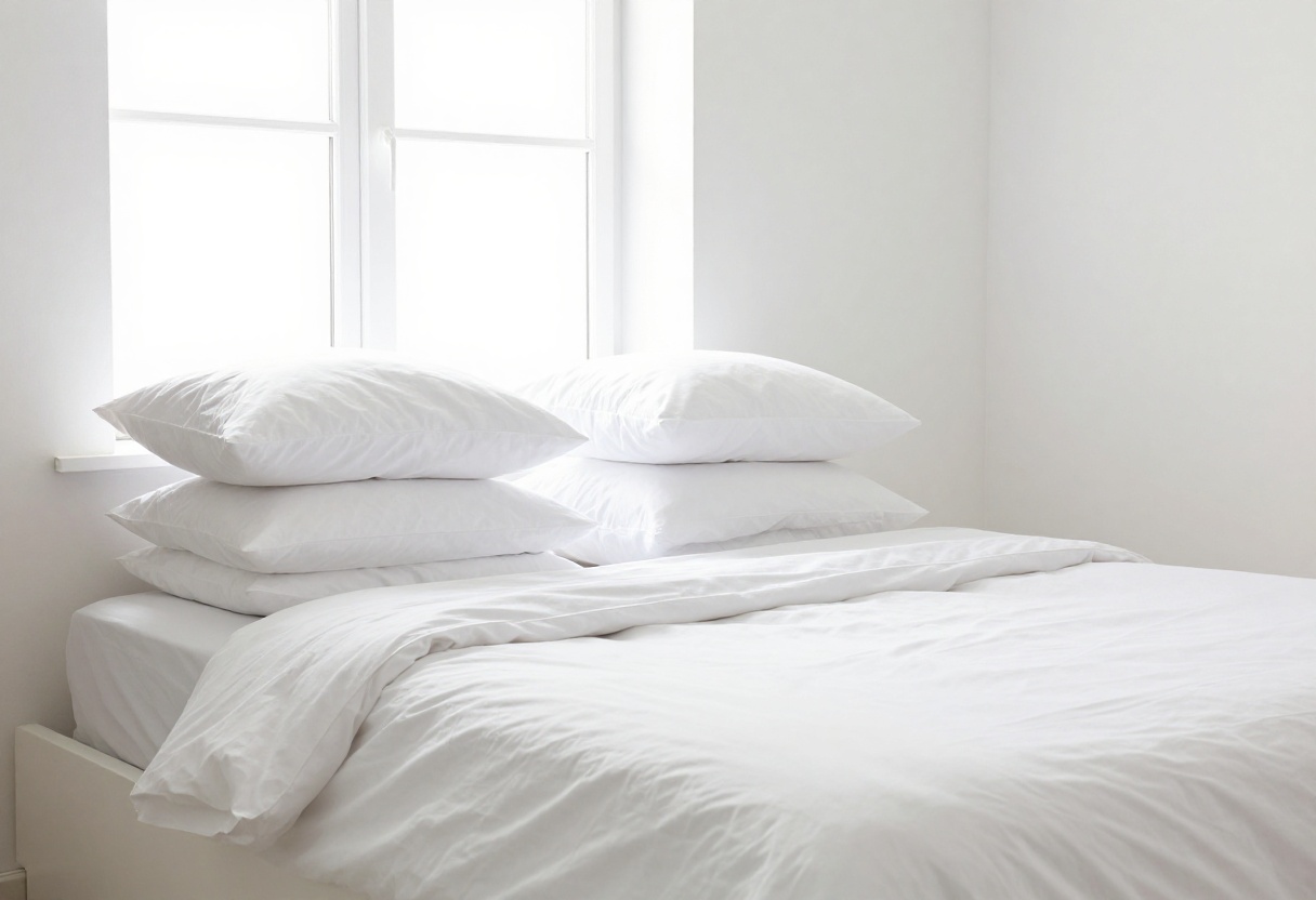 Fluffy white pillows on a clean bed in a sunlit bedroom